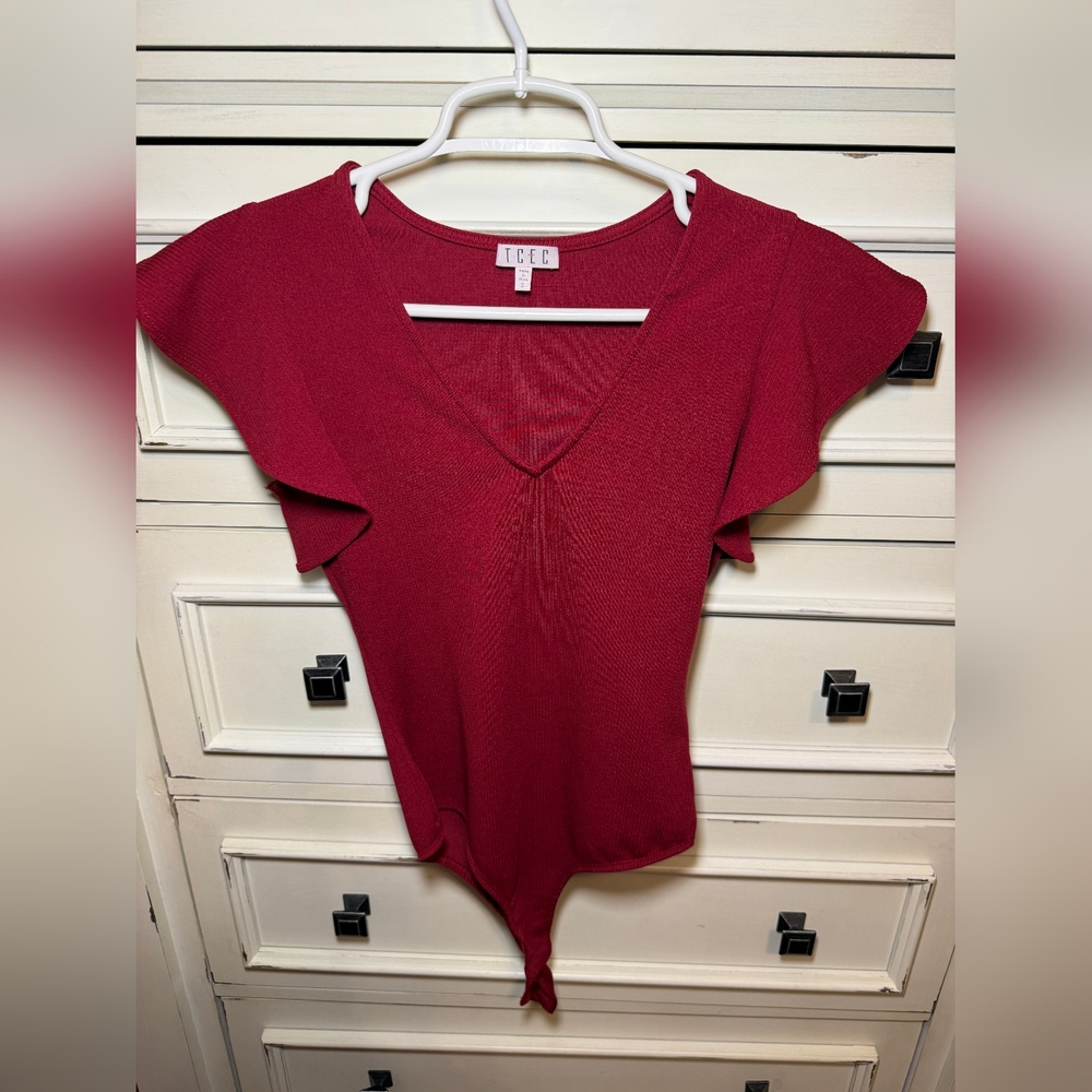 TCEC Deep Red V-Neck Flutter Sleeve Bodysuit